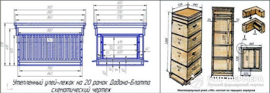 Чертеж улья лежака на 20 рамок